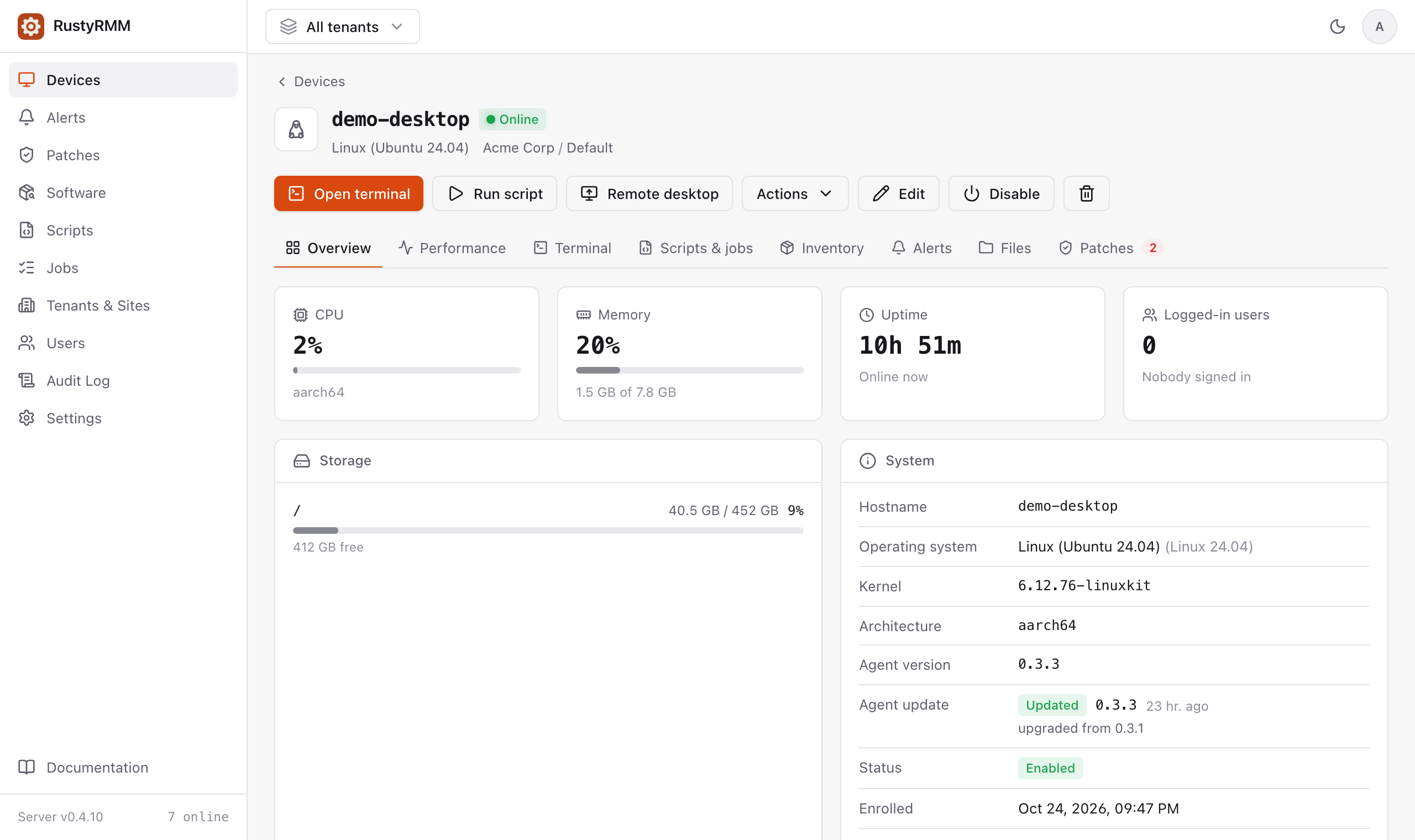 RustyRMM device overview with live CPU, memory, uptime and storage