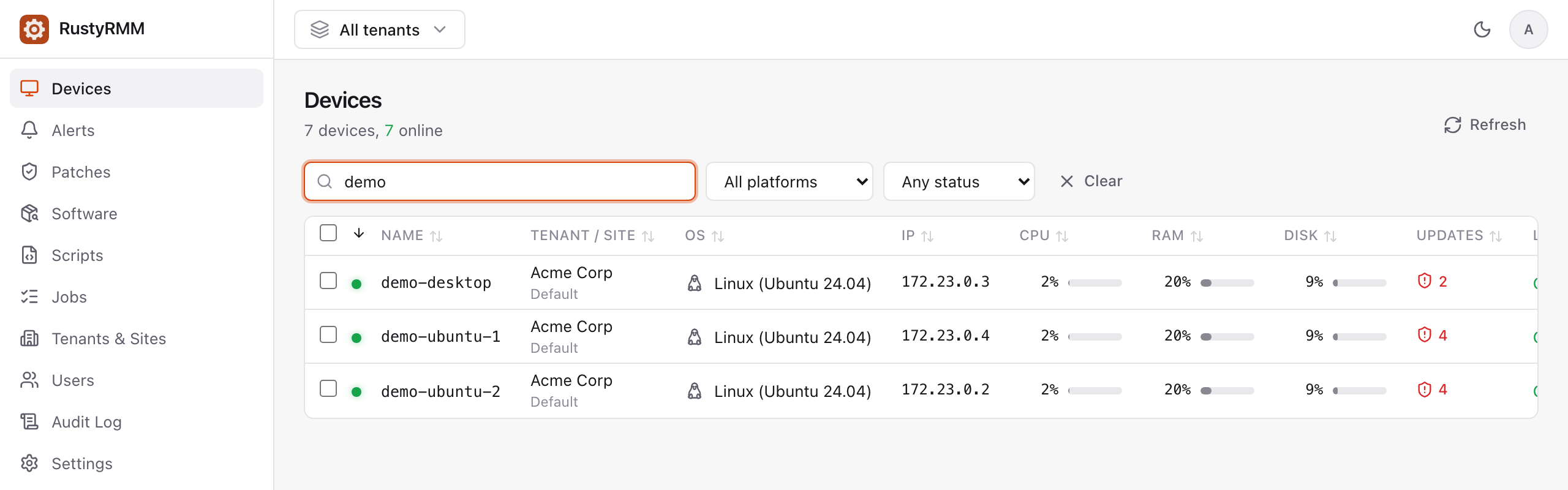 Device list with live CPU, memory, disk and update status