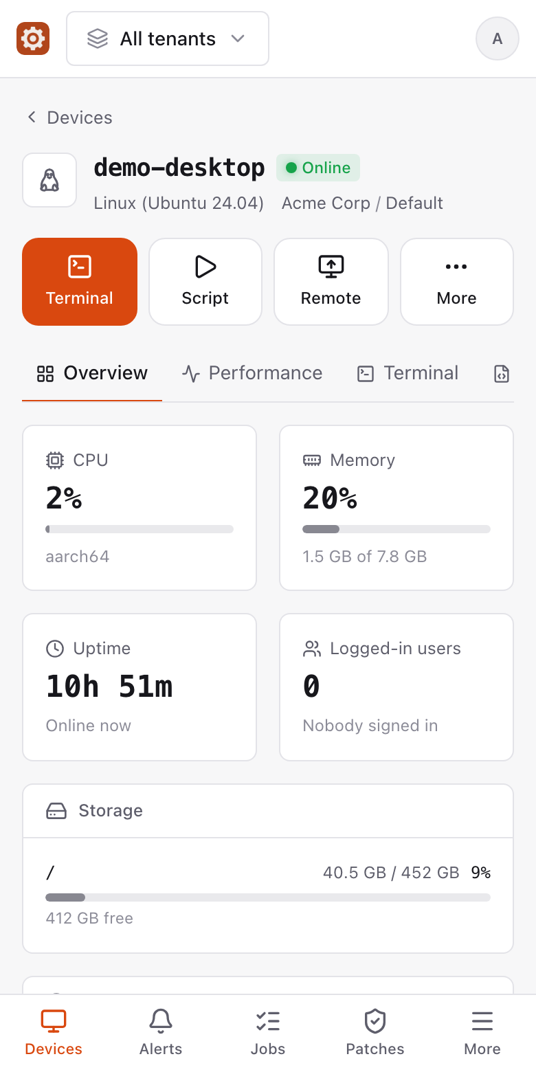 RustyRMM on a phone: device quick actions